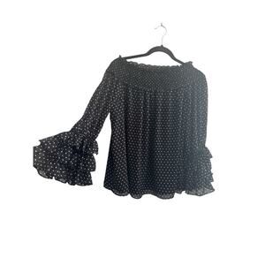 CeCe Medium Black Dot Off Shoulder Smocked Ruffle Bell Sleeves Blouse Top #5238